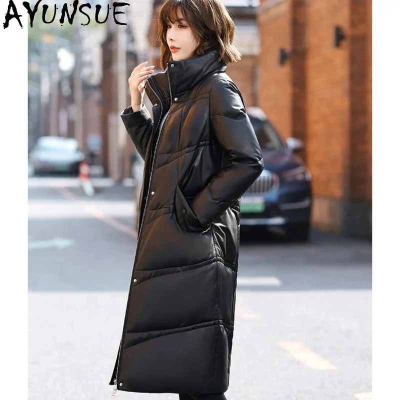 AYUNSUE-Veste longue en cuir véritable pour femme, manteau en peau de mouton véritable, col montant, mode décontractée, haute qualité, hiver, 2024