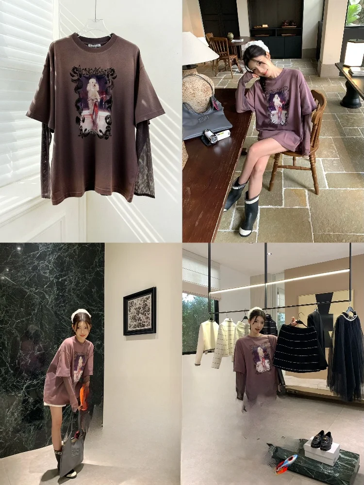 

Early Autumn 2025 Loose Women's Long Sleeve T-Shirt Mesh Half Transparent Worn Fake Two-Piece Casual Style Cotton Sweats...