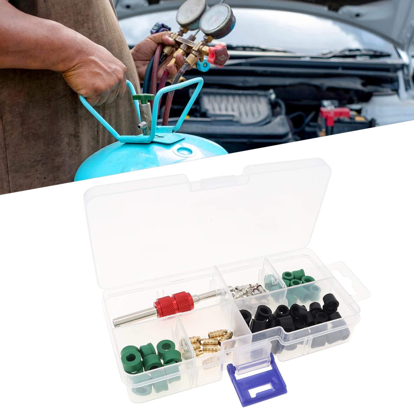 

71pcs Automotive Car Air Conditioning Valve Core Hose Gaskets and Seals HVAC A/C Installer Repair Tools Kit Sealing Washer Box