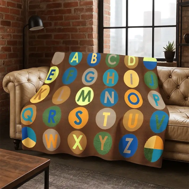 Alphabet ABC Early Education Cartoon Flannel Blanket Soft Warm Blanket Throw Blanket for Bedroom Living Room Bed Travel Camping