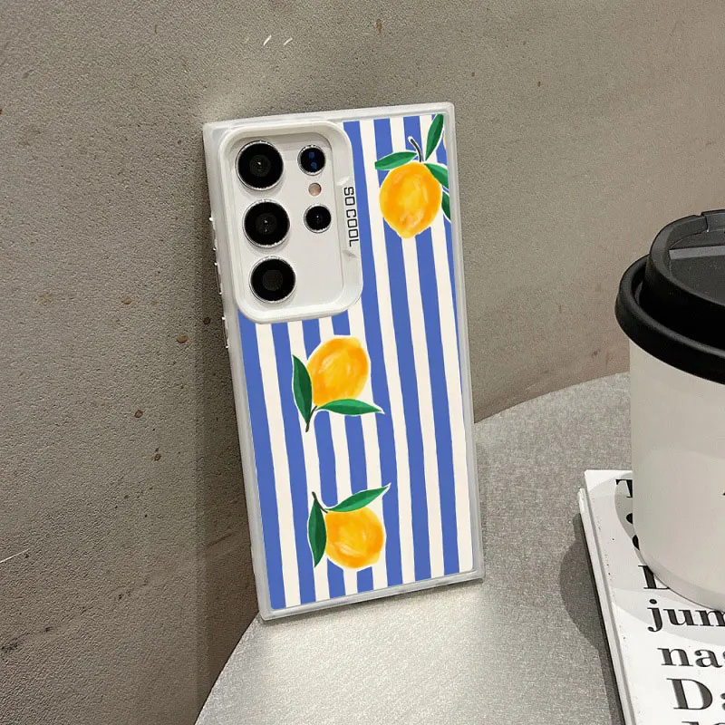 

For Samsung Galaxy S25 S22 Ultra Plus S21 FE S24 S23 Ultra Plus FE Laser Phone Case Red Blue Stripe Fruits Lemon Cherry Covers