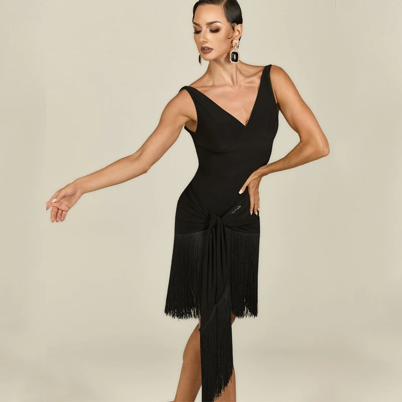 Sexy com decote em v latina topo borlas saias mulheres rumba chacha trajes de dança latina adultos dança de salão competição wear sl14387