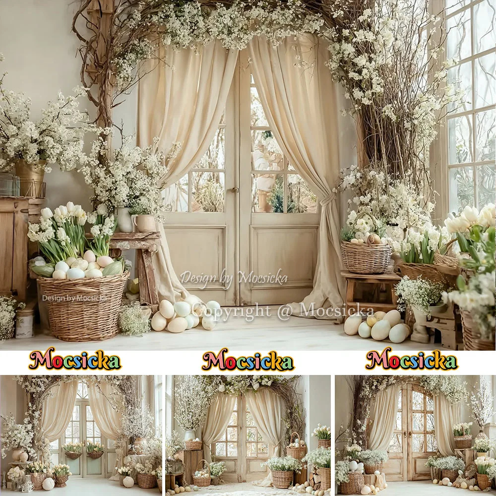 Mocsicka primavera Pascua fondo fotografía blanco Retro puerta colorido huevo Floral telón de fondo maternidad recién nacido Photozone estudio