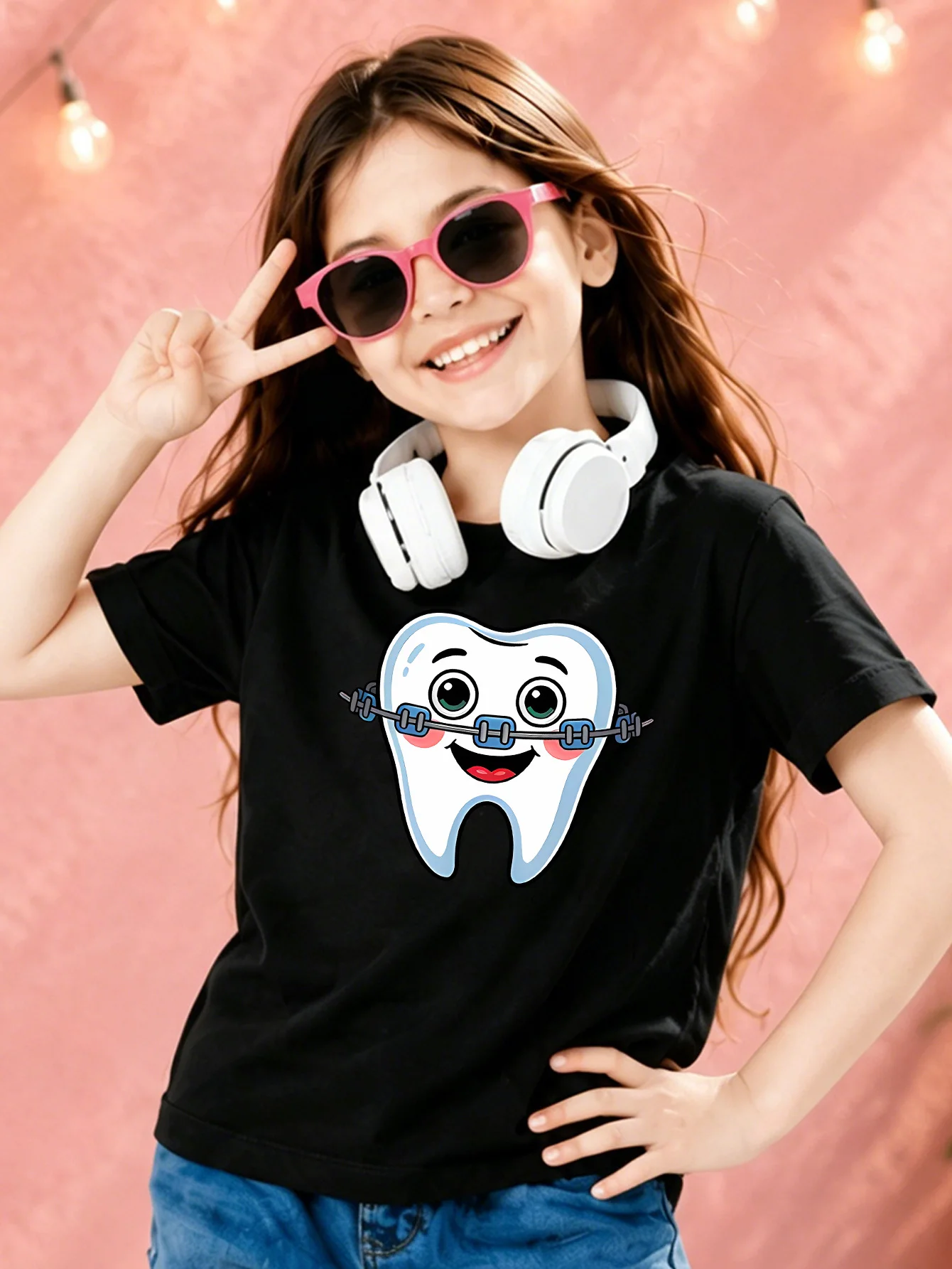 Cute Braces Teeth Print Boys Girls Short Sleeve Tee Parent Match Soft Cotton Kids Funny Oral Care Daily Casual Fashion T Shirts