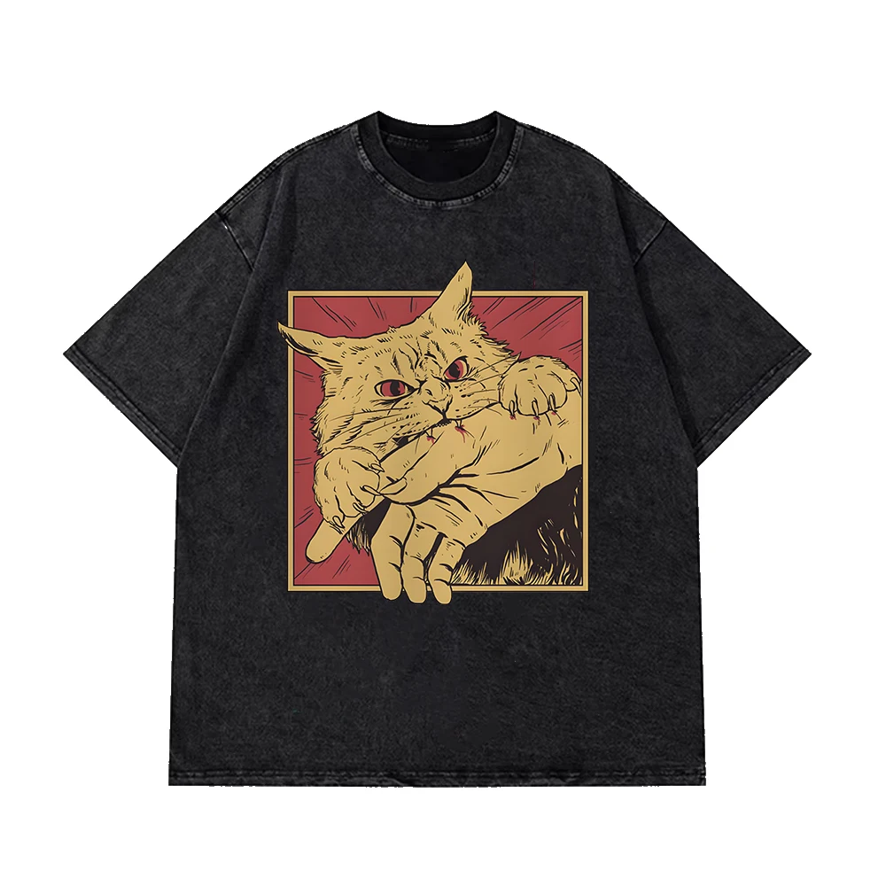 Horror Cats Crazy Cat Bite Print Japanese T-Shirt Women Men Wash Distressed Vintage Tees Unisex Student Casual 100% Cotton Tops