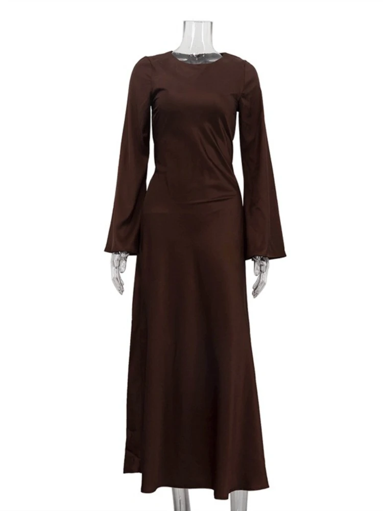 Fdyoui elegante o pescoço manga longa rendas marrom festa vestido de noite feminino túnicas de cintura alta bandagem magro cetim vestidos longos