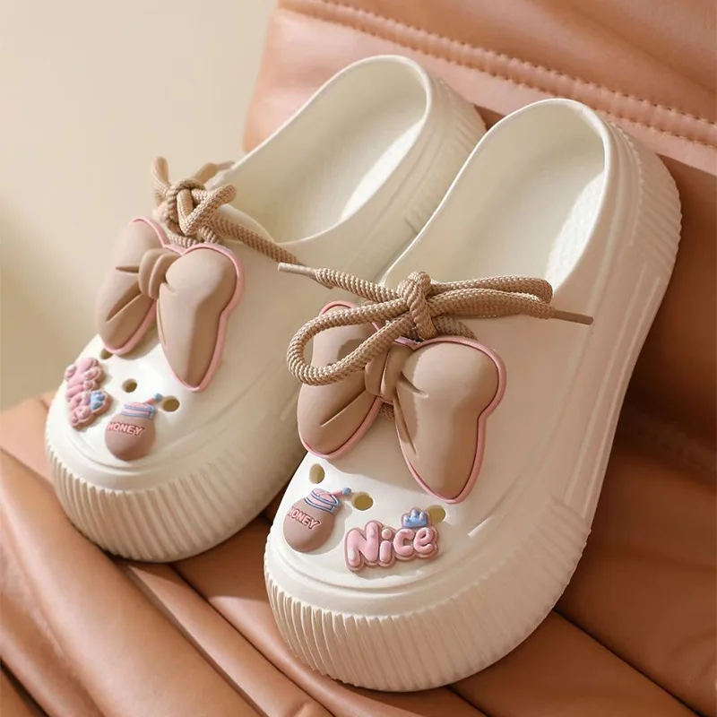 2025 New Slippers DIY Bow Platform Sandals for Women Summer Thick Sole Beach Slides Woman Flowers Non Slip Clogs Garden Shoes