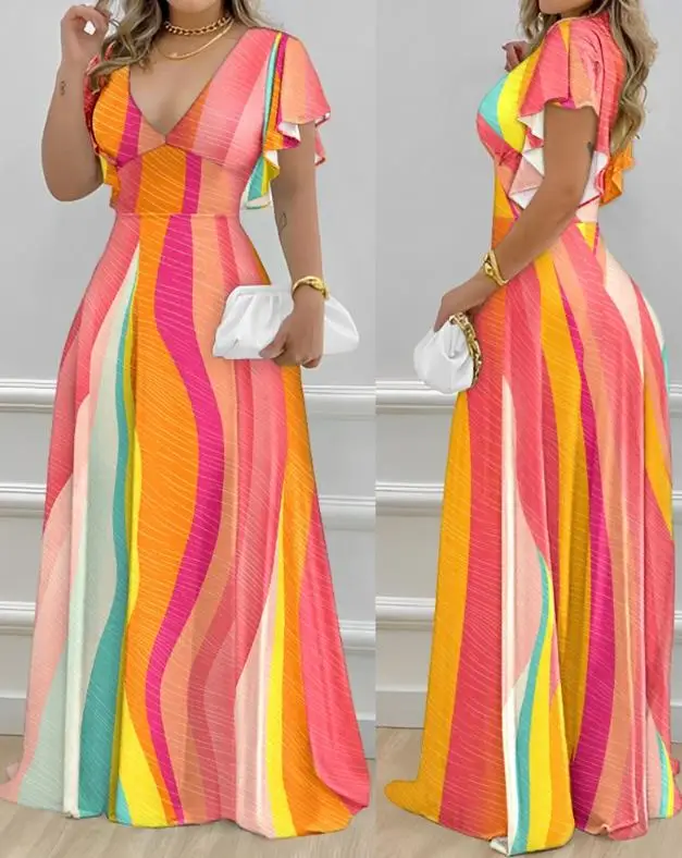 

2024 Women's New Fashion Dress Colorblock V-Neck Bell Sleeve Maxi Dress Printed Small Flying Sleeve Waist Long Skirt