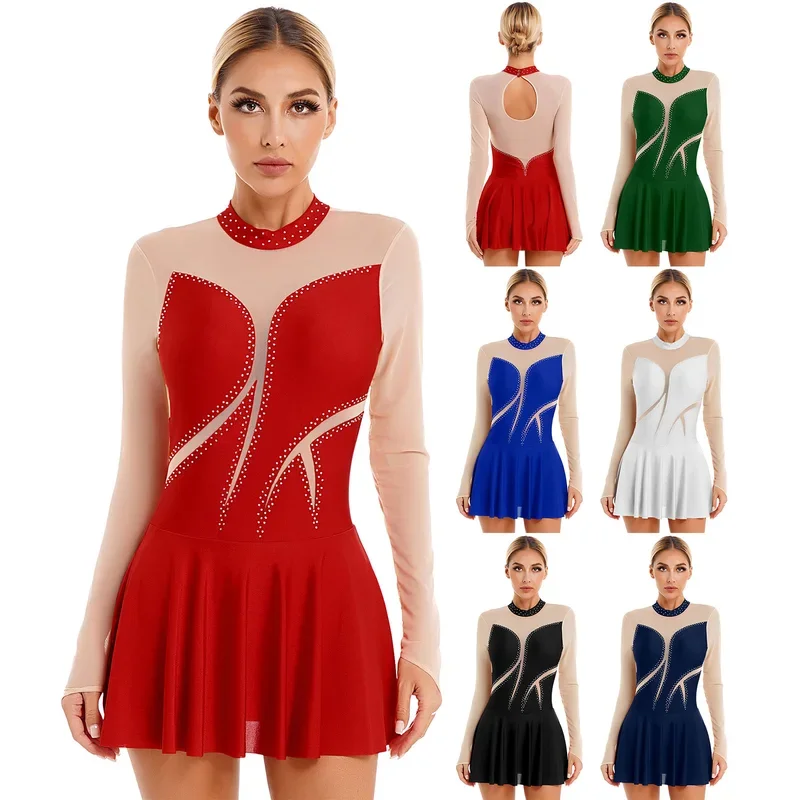 Womens Figure Skating Dress Long Sleeves Rhinestones Sheer Mesh Ballet Lyrical Dance Gymnastics Leotard Competition Dancewear