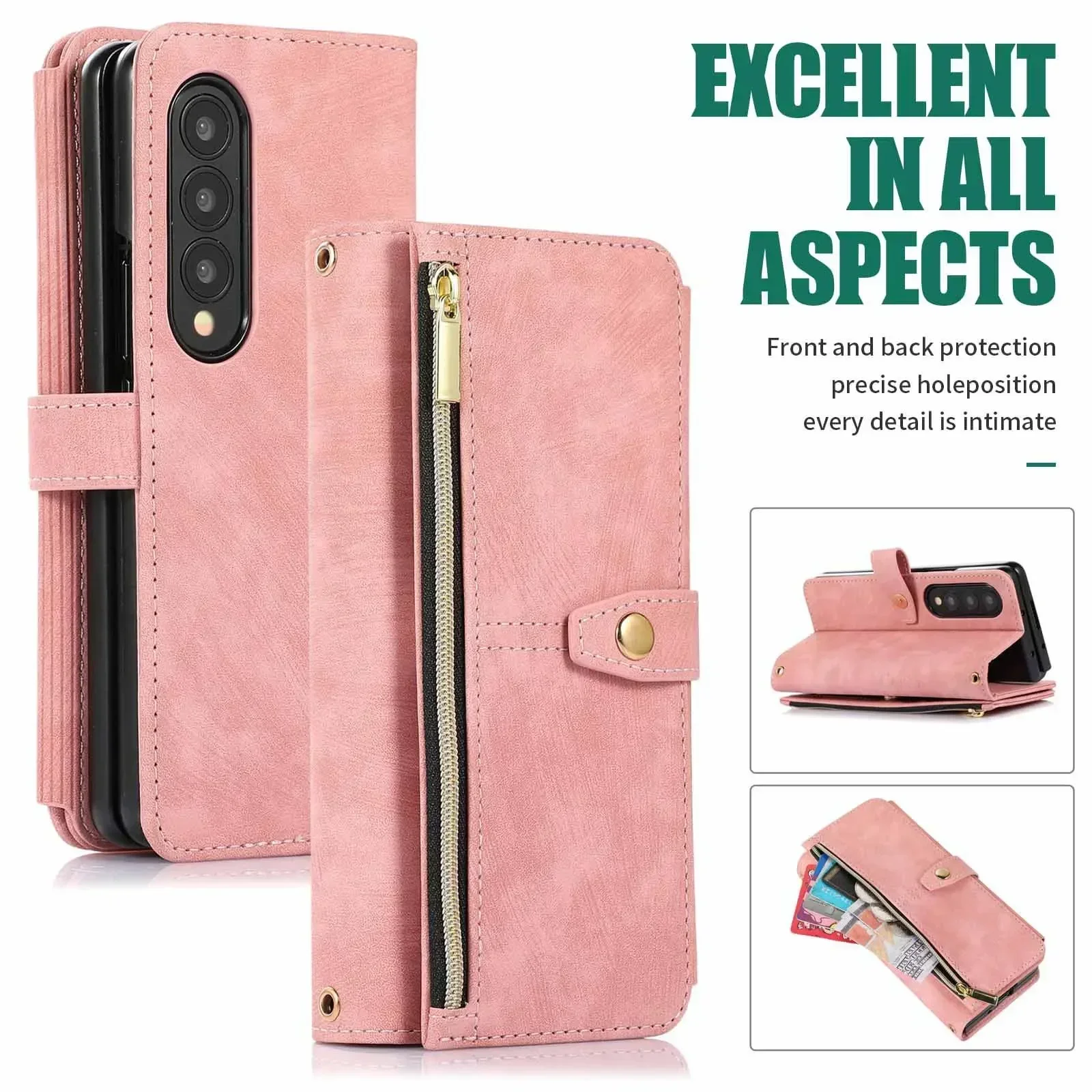 

Phone Case For Samsung Galaxy Z Fold 6/5/4/3 Case Zipper Wallet Multi-Card Crossbody Long and Short Rope ZFold6 Protective Cover