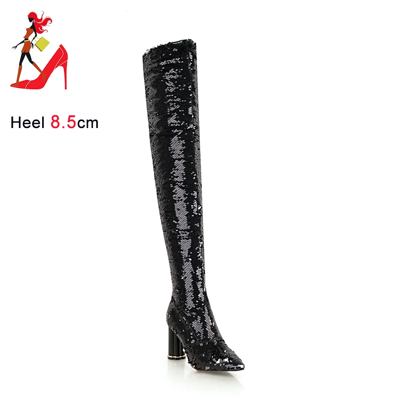 Winter Over The Knee Women Boots Bling Sequins Chunk High Heels Slip On Party Shoes Pointed Toe Woman Long Boots Plus Size 43