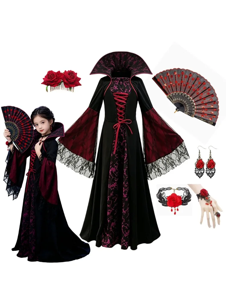 Mädchen Geisterbraut Gothic Vampir Halloween Cosplay Kostüm Kleid Spitze Trompetenärmel Rollenspiel Karneval Kinder Party Outfit