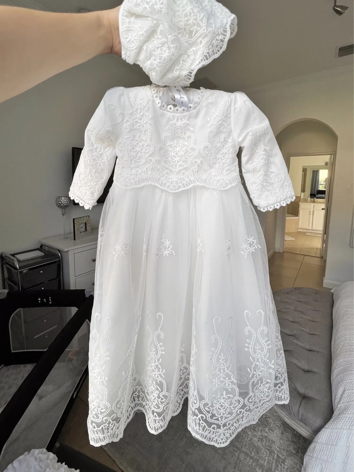 Lace Christening Gown for Baby Long Sleeve Infant Toddler First Communion Birthday Girls Baptism Dresses with Cap