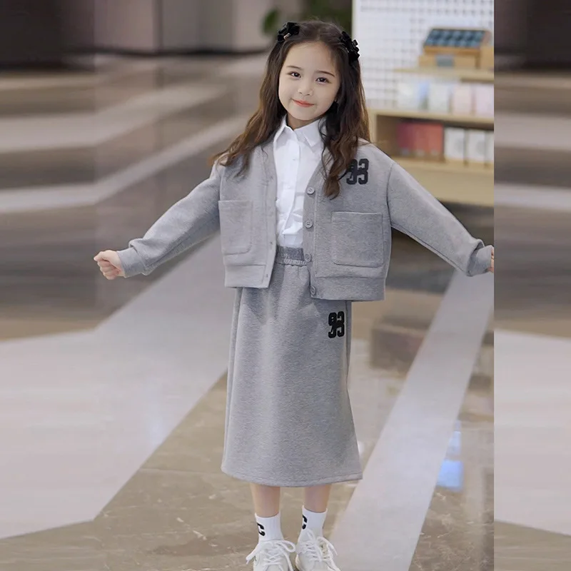 

Korean Spring Autumn School Girl 2-Piece Sets Teenager Girl Single-breasted Sport Coats+Straight Skirt Sets Girls From 4-12Yrs