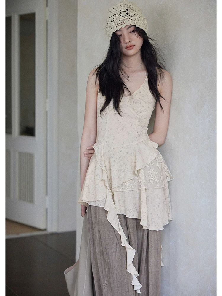 

Женский топ Uneven ter Ne Svel: дизайнерская сенсация, кружевная отделка, цветочный принт, повседневная одежда, смесовый полиэстер, летняя мода