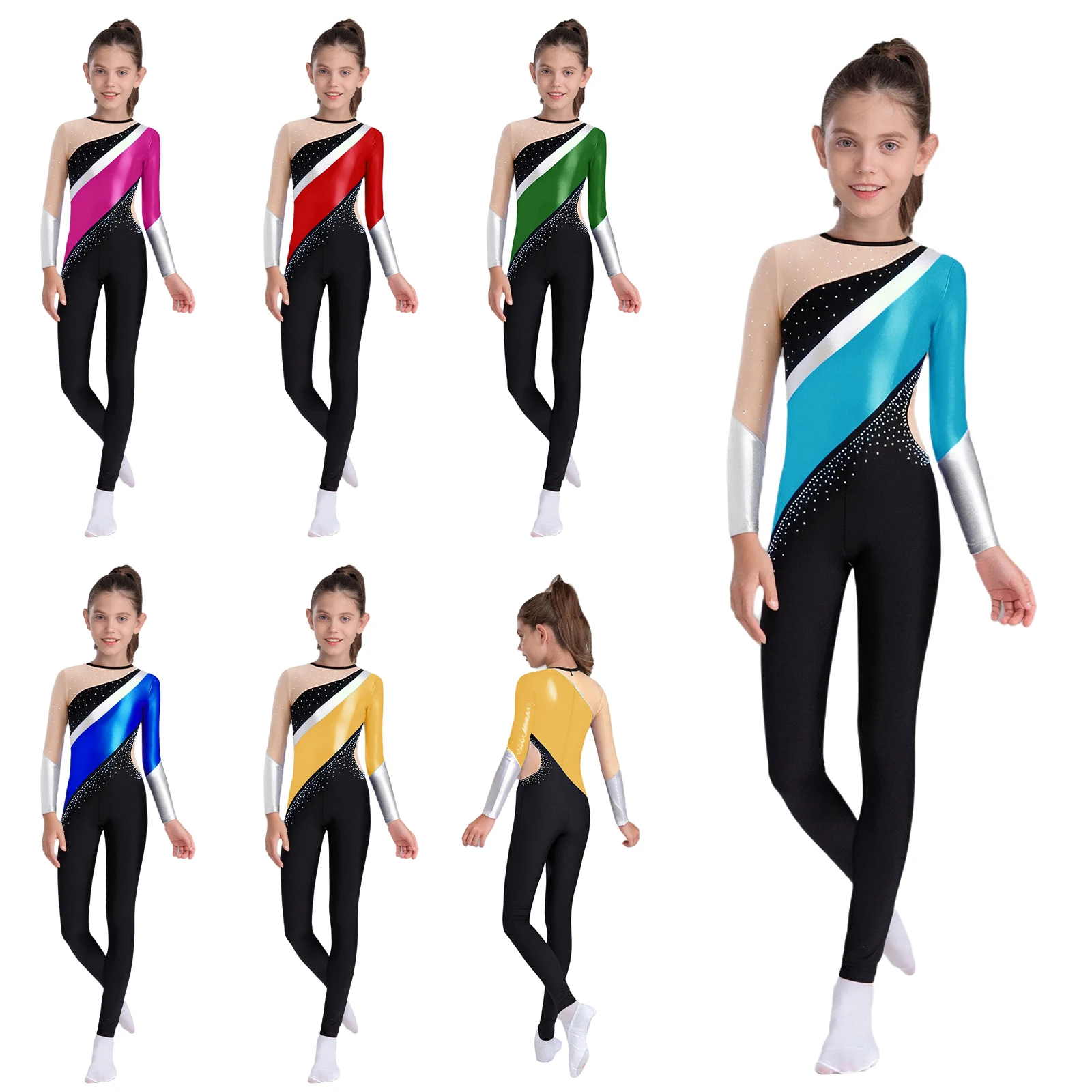 

Glittery Figure Skating Jumpsuit for Girls High Cut Leg Metallic Leotard with Back Zipper for Gymnastics And Ballet Dance Show