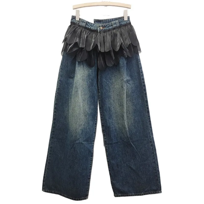 ANJY خريف شتاء جديد إمرأة موضة غير النظامية هيم وهمية قطعتين الجينز العصرية الشارع شيك تنوعا واسعة الساق الدنيم السراويل A16768