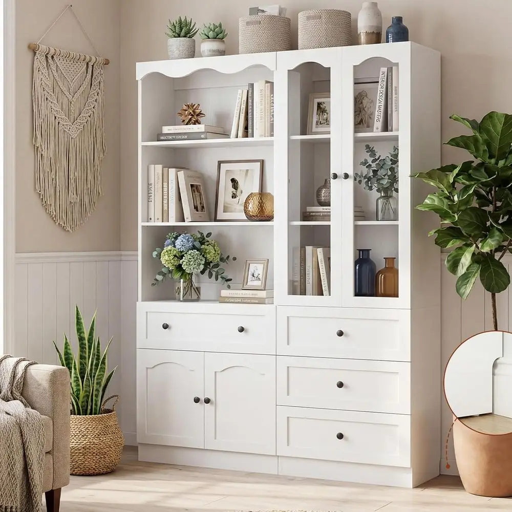 

Set of 2 White Tall Bookcases with Arched Glass Cabinet and Open Storage for Living or Office