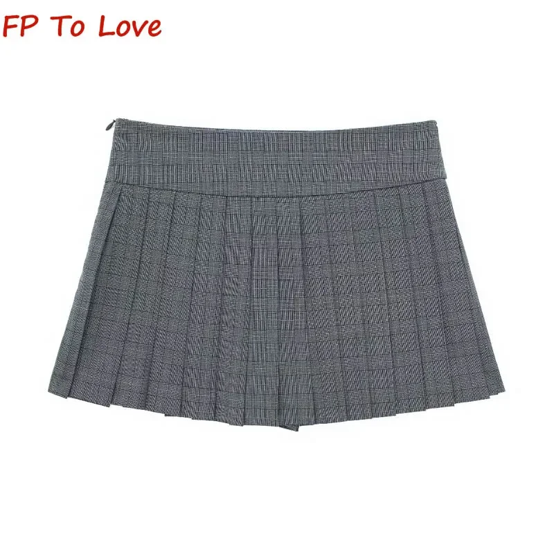 Spice Girl Grey Plaid High Waisted Pleated Skirt Women's Anti-Walking A-Line Wide Pleated Pant Skirt 5427413