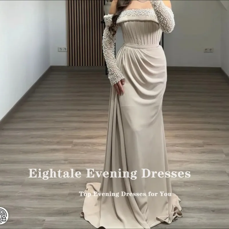 Suknia wieczorowa Eightale w stylu arabskim, muzułmańska suknia balowa, szyta na miarę, bez ramiączek, z długimi rękawami, zdobiona perłami, w kolorze szampana, suknia na przyjęcie weselne.