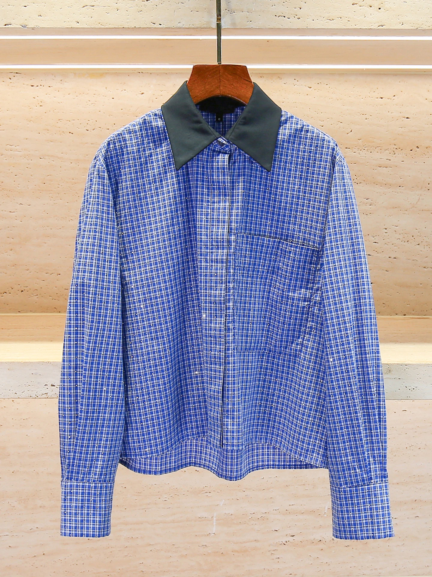 

M Home Nan You High End Women's Casual Plaid irt with Rhinestones Spring Autumn Season Versatile Collar Long Sve Top