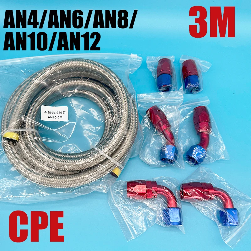 

3M AN4 AN6 AN8 AN10 AN12 Fuel Hose Oil Gas Cooler Hose Line Pipe Tube Stainless Steel Braided CPE Rubber 0 45 90 Degree Fittings