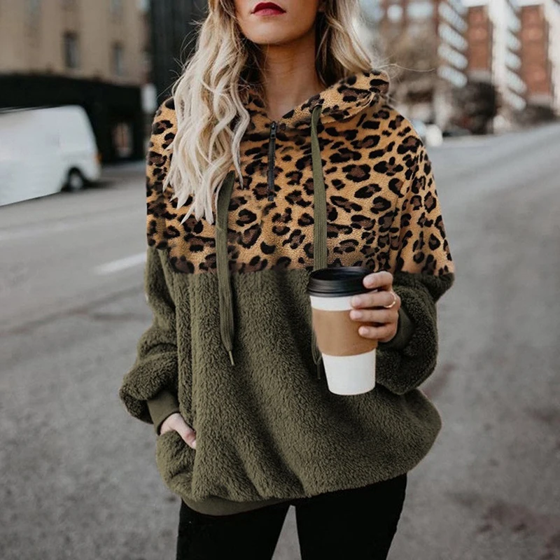 Women\'s Thick Hooded Sweatshirt Autumn Winter Leopard Printing Zipper Loose Blouse