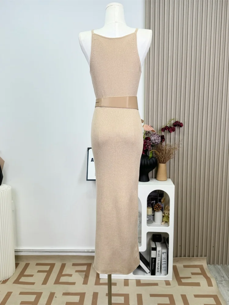SMTHMA Gestrickte Solide Sexy Spaghetti Strap Sommer Kleid Frauen Casual Party Pullover Kleider Mit Gürtel