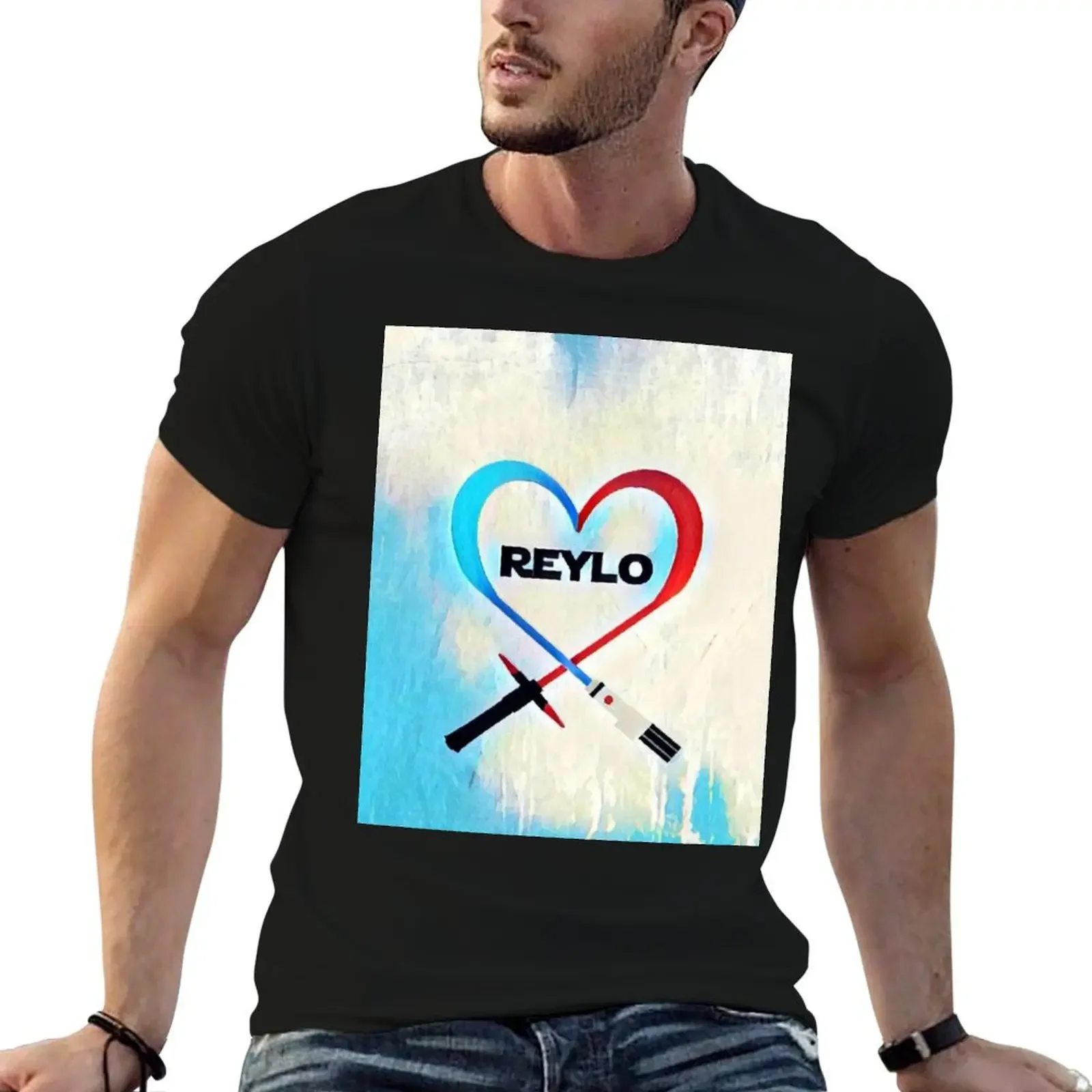 Reylo - Heartsabers - เสื้อยืดสีฟ้า/สีแดงปรับแต่งเสื้อผ้าผู้ชาย Mens Graphic เสื้อยืดตลก