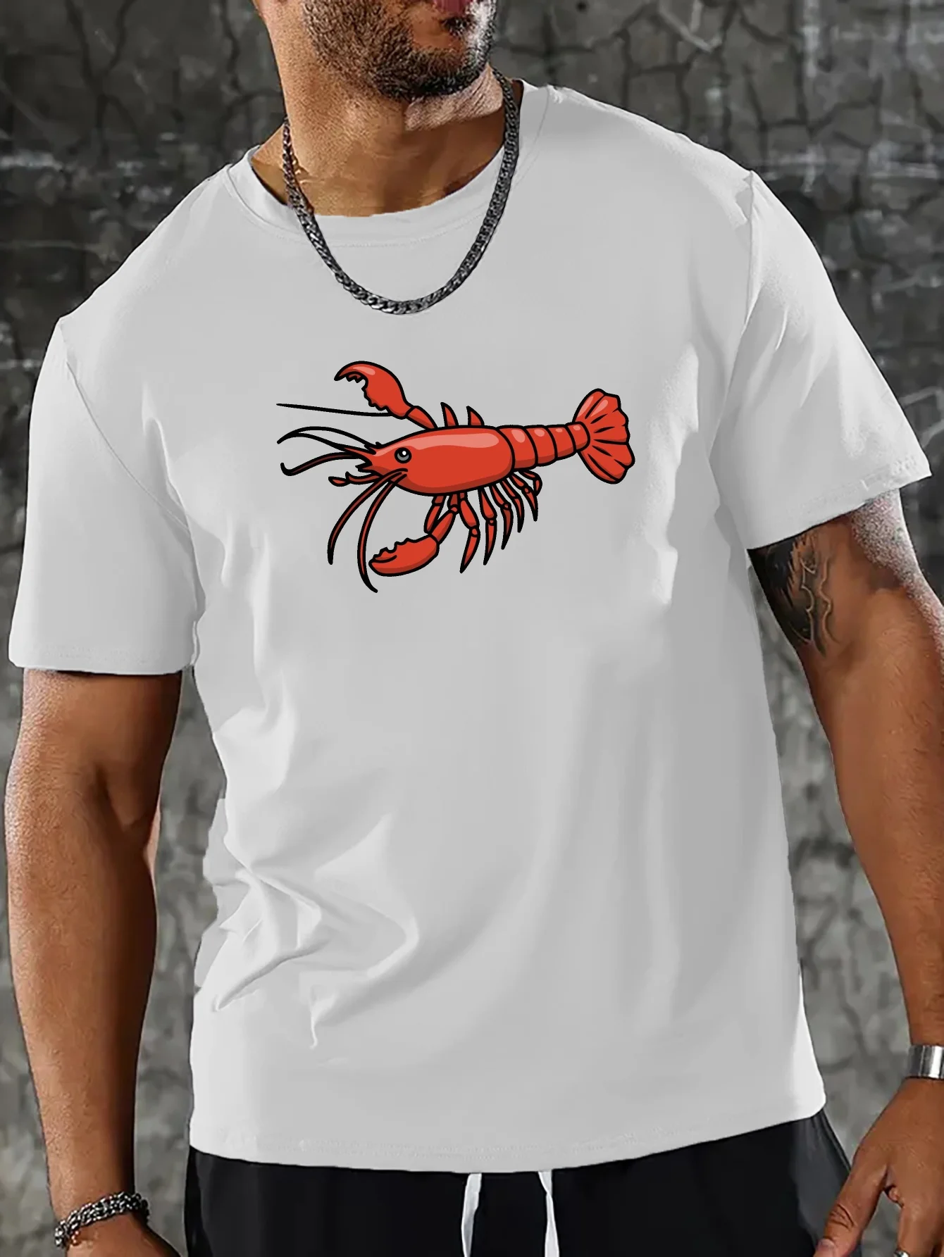 Red Crawfish Outline Print Men Short Sleeve Tshirt Crayfish Sea Creature O Neck Tee Seafood Fan Casual Male Street Fashion Tops
