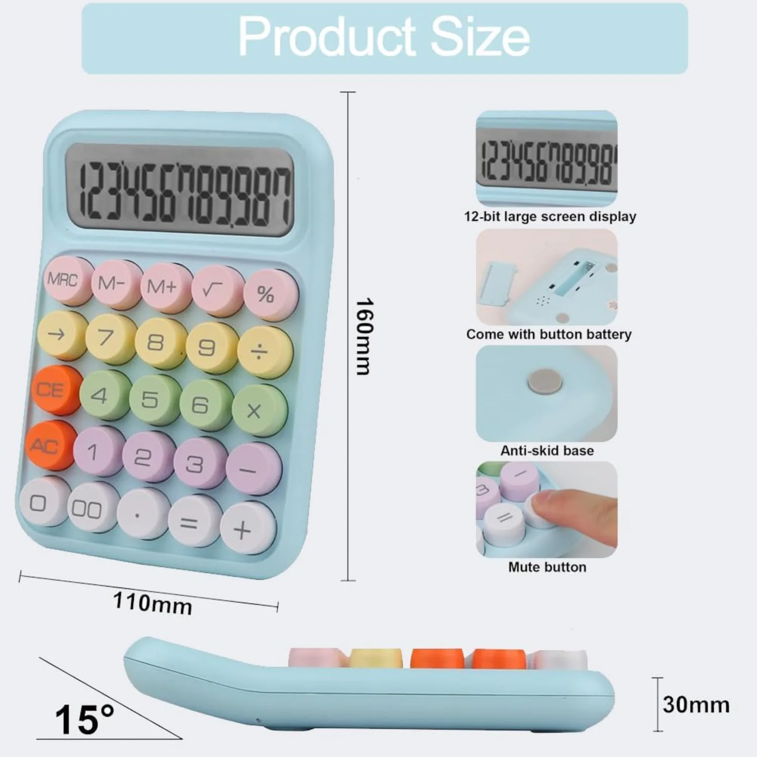 Candy Calculator,Mechanical Calculator Cute 12 Digit Large LCD Display Big Round Button Calculator,Easy to Press,for School Offi