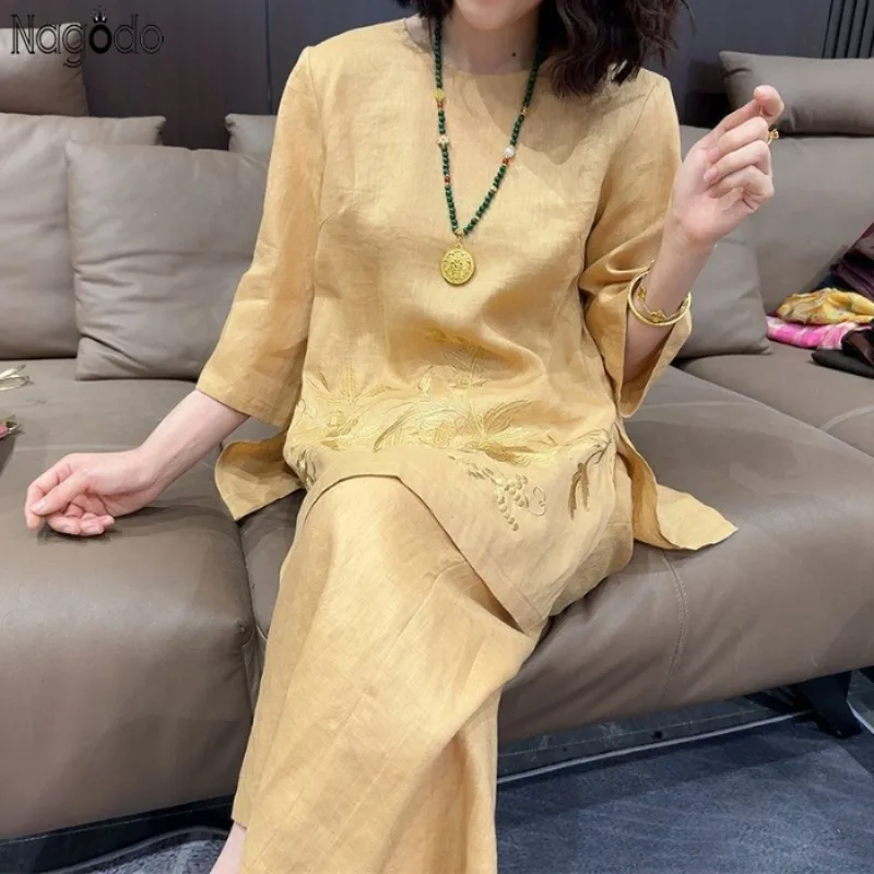 

Retro Cotton and Linen Three-quarter Sleeve Suit Women's Summer Loose Casual Chinese Embroidery Wide-leg Pants Two-piece Set