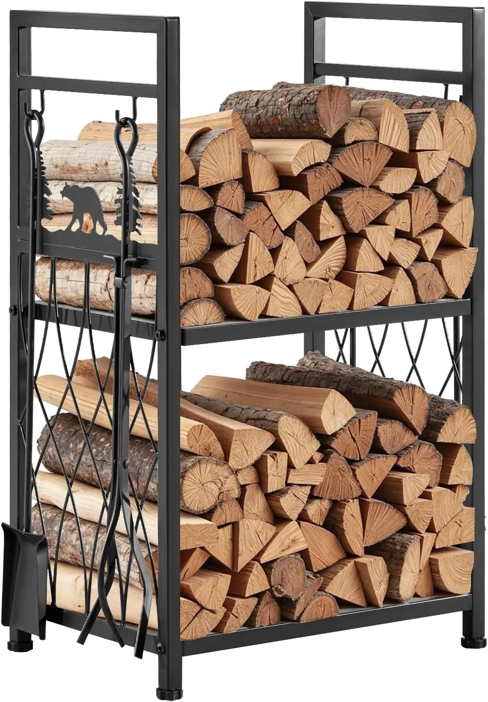 Indoor Firewood Storage - Heavy Duty 2-Tier Firewood Holder with Fireplace Tools, 400 lbs Weight Capacity