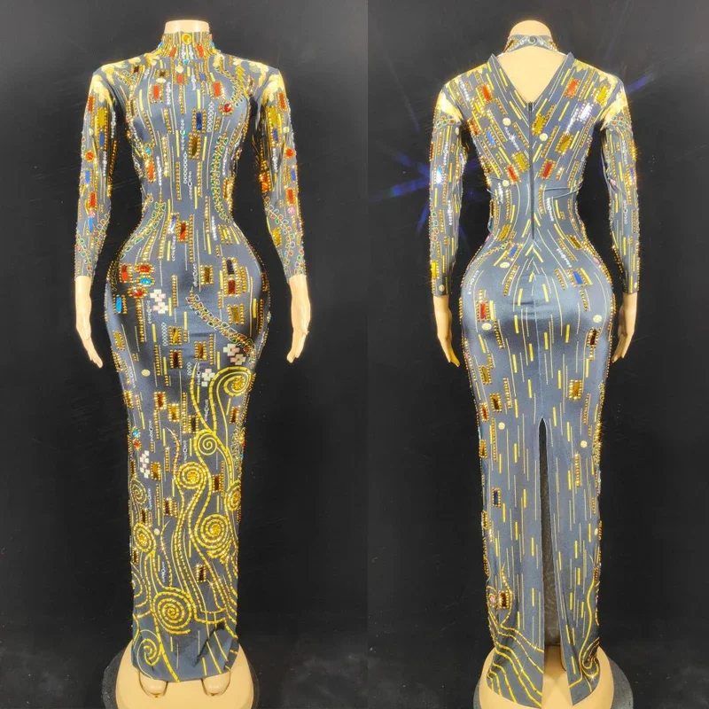 다채로운 스팽글 라인 석 드레스 여성 생일 축하 의상 무대 쇼 저녁 댄스 파티 드레스 축제 복장 XS6233