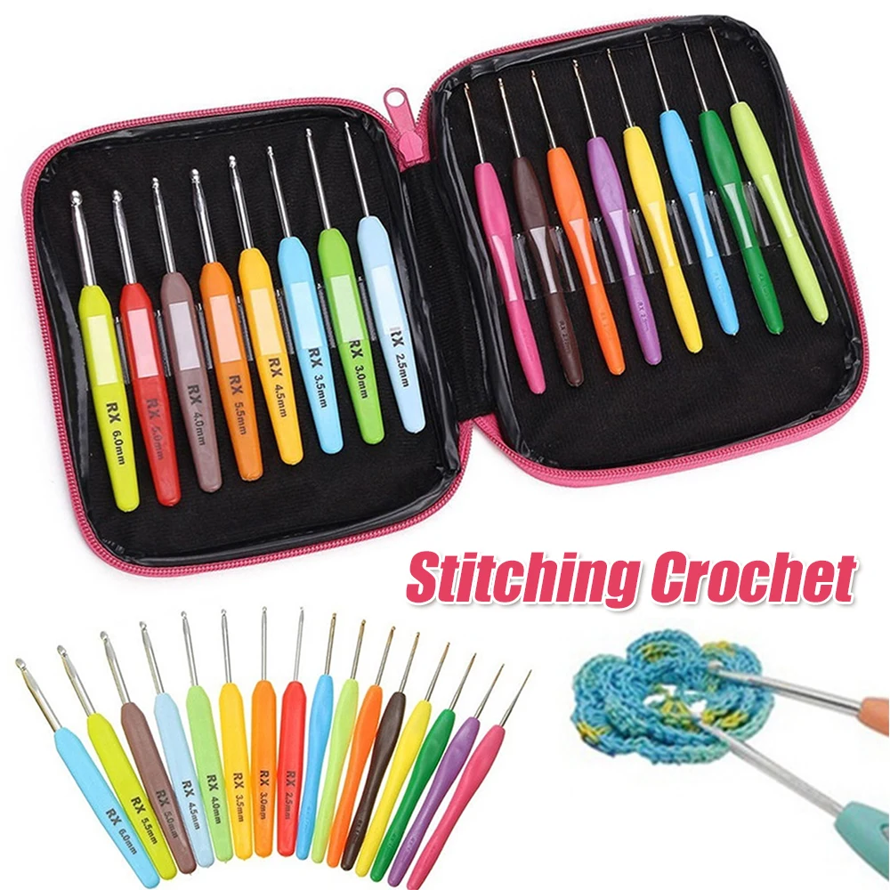 16pcs Hooks Needles Soft Handle Plastic Sewing Needles Kit Colorful with Storage Bag DIY Craft for Arthritic Hands Knitting Tool