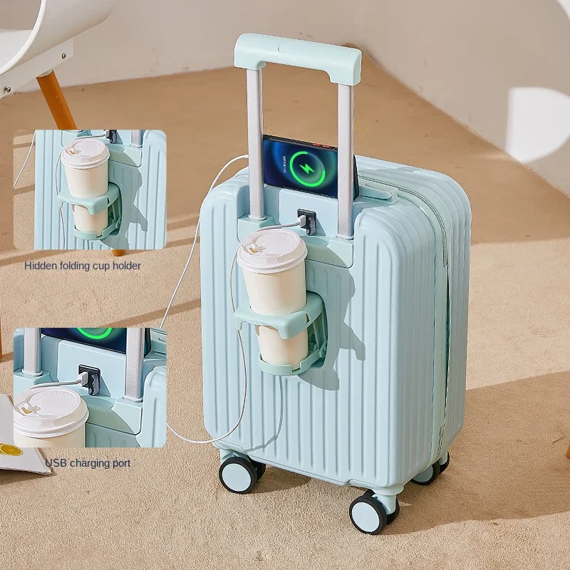 Multifunction Small Suitcase Lightweight Travel Bag Rolling Luggage USB Cup Holder 18/20\