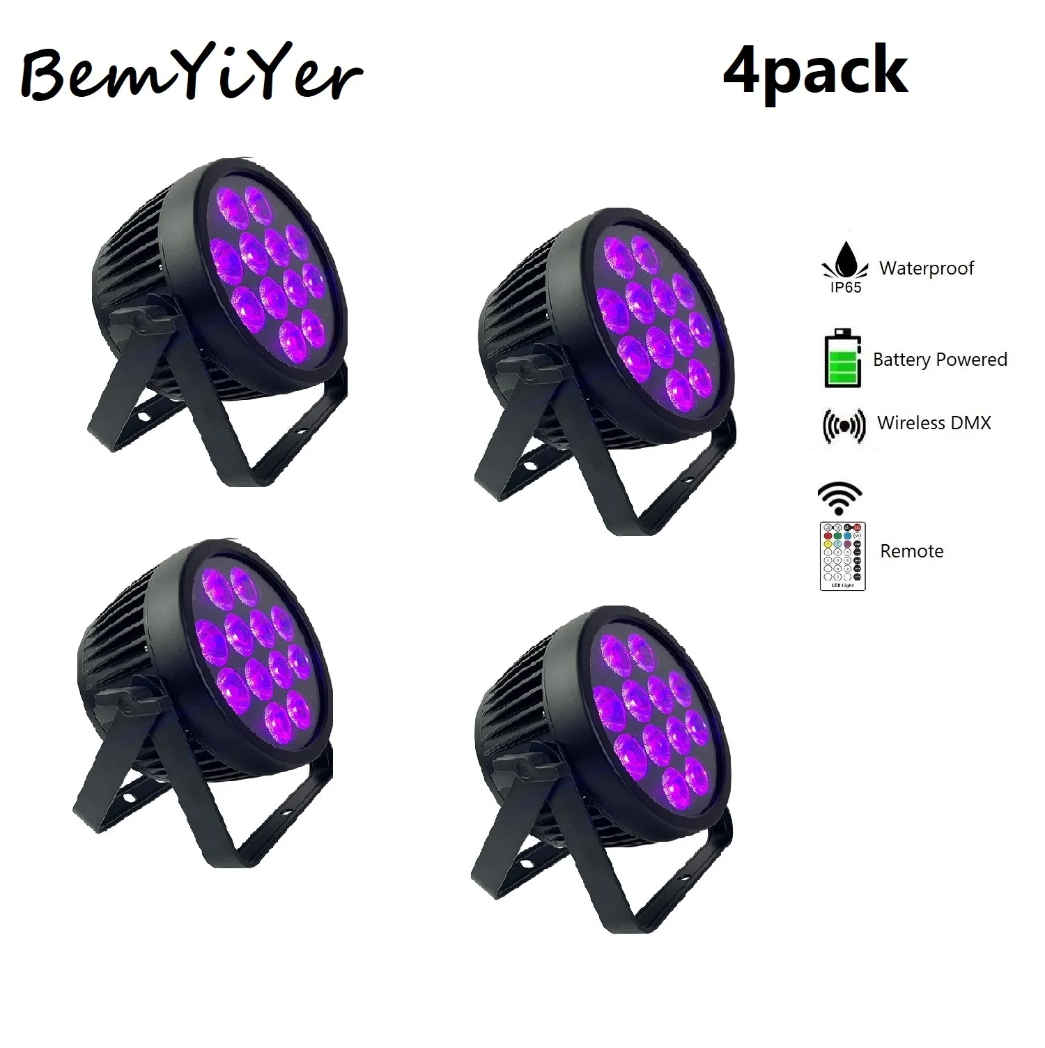 

BemYiYer 4pack Outdoor 12x18W Battery operated Wireless DMX LED Par Uplights IP65 waterproof Remote control/RGBWA+UV 6in1