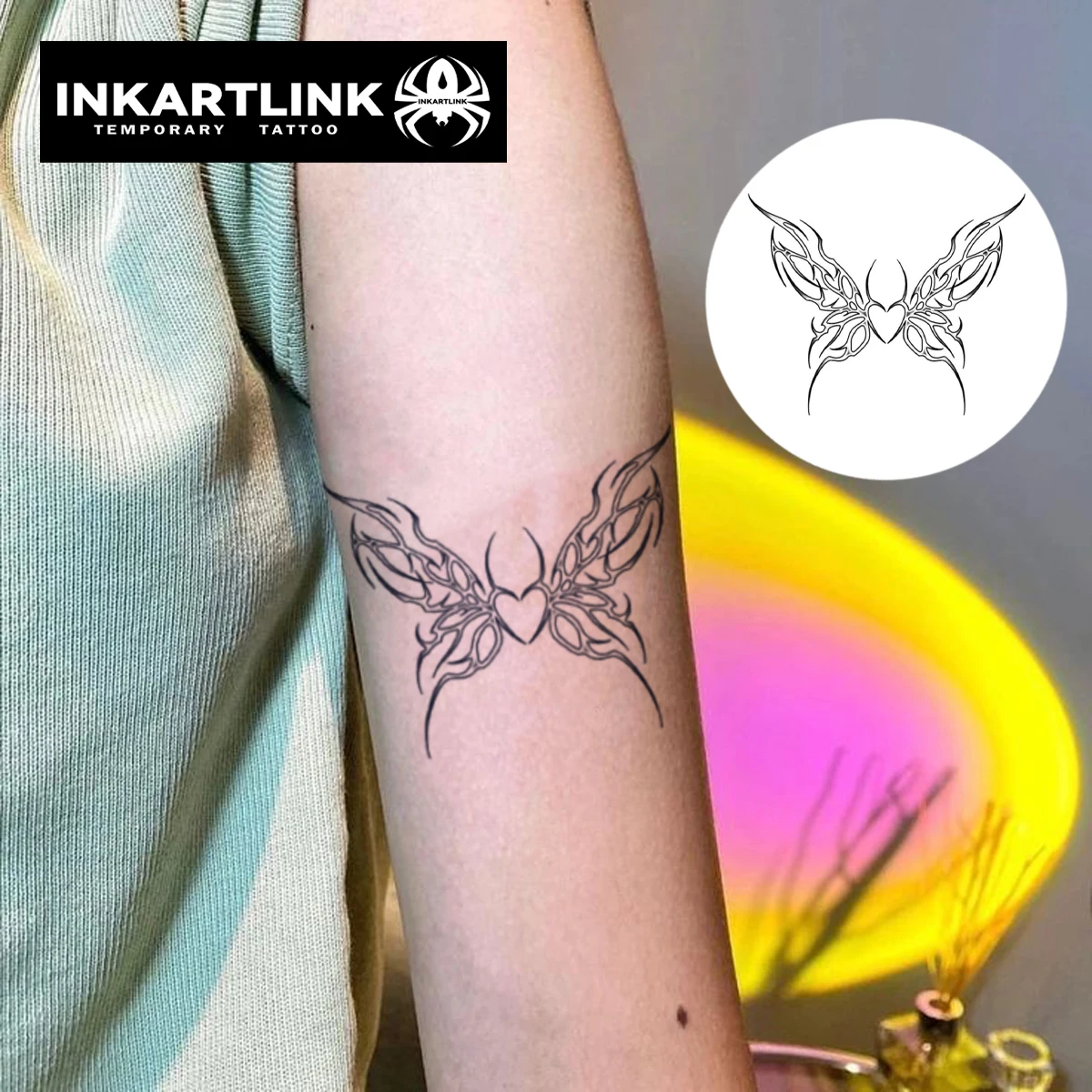 INKARTLINK Heart Shaped Flame Butterfly Tattoo Patch 1-2 Weeks Long Lasting Symmetrical Wing Design Waterproof Temporary Tattoo
