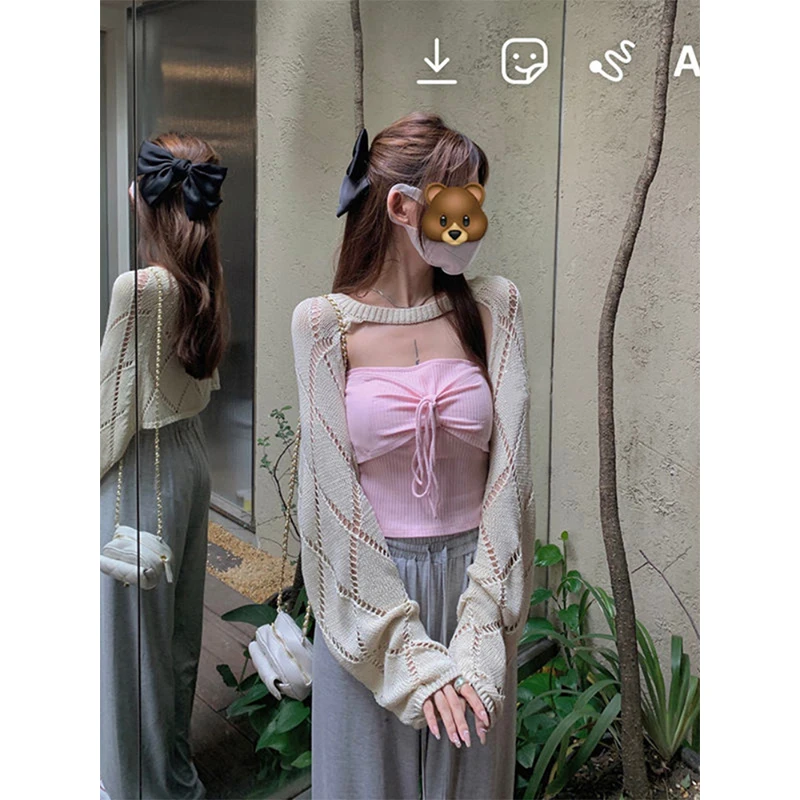 MEXZT Y2K Hollow Out Cardigan Women Bandage Sun Proof Knit Cropped Sweater Summer Harajuku Streetwear Sunscreen Jumpers Tops New