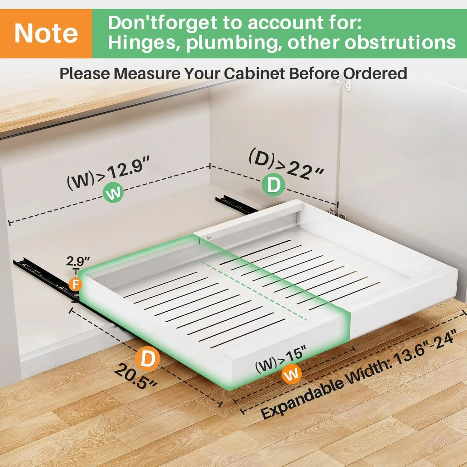 

Wider Pull Out Cabinet Organizer, Expandable(13.6""-24"") Heavy Duty Peel And Stick Roll Out Drawer For Pots And Pans,