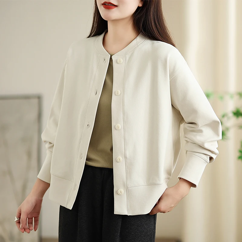 봄 가을 신상 심플하고 세련된 루즈핏 순면 롱 슬리브 스웨트셔츠 컬러 버튼 재킷 여성용