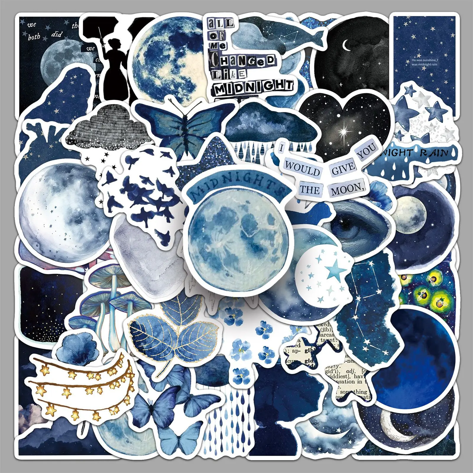 

50PCS Midnight Watercolor Moon Stars Stickers Dark Blue Celestial DIY Decorative Diary Phone Case Waterproof Stickers Kids Toy