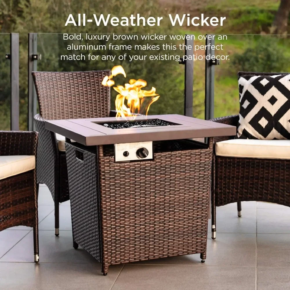 

Gas Fire Pit Table, Outdoor Wicker Patio Propane Firepit Faux Wood Tabletop, Clear Glass Rocks, Hideaway Tank Holder, Fire Table