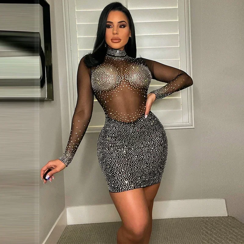 

GUWU Crystal Rhinestone Birthday Dress for Women Mesh See Through Sparkly Diamonds Bodycon Party Night Club Sexy Dresses