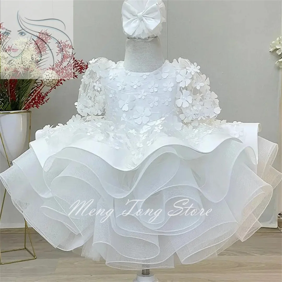 

White Flower Girl Dress Short Sleeve Puffy 3d Applique Baby Kids Birthday Prom Baptism Princess Ball Gown First Communion Dress