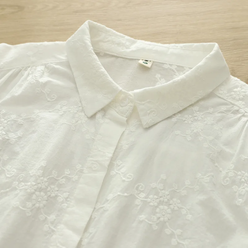 جديد 2025 الخريف قميص قطني بكم طويل ، المرأة بدوره إلى أسفل طوق التطريز ، موري فتاة تنوعا بلوزة فضفاضة غير رسمية T58849CC