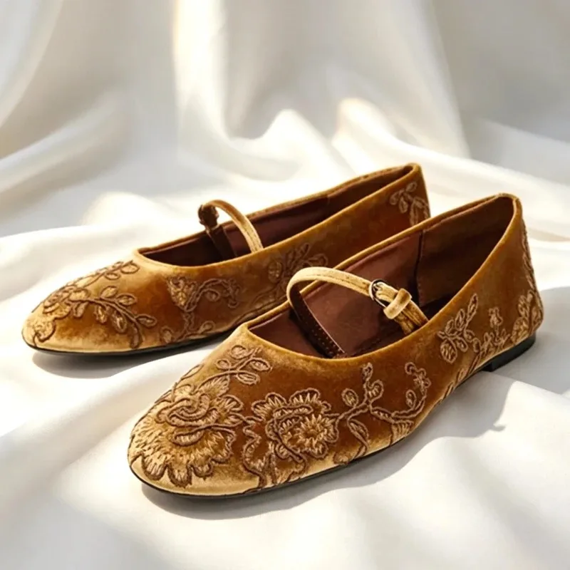Novelty Embroidery Comfort Ballet Flats Women Velvet Buckle Design Mary Jane Shoes For Ladies Elegant Round Toe Soft Casual Shoe