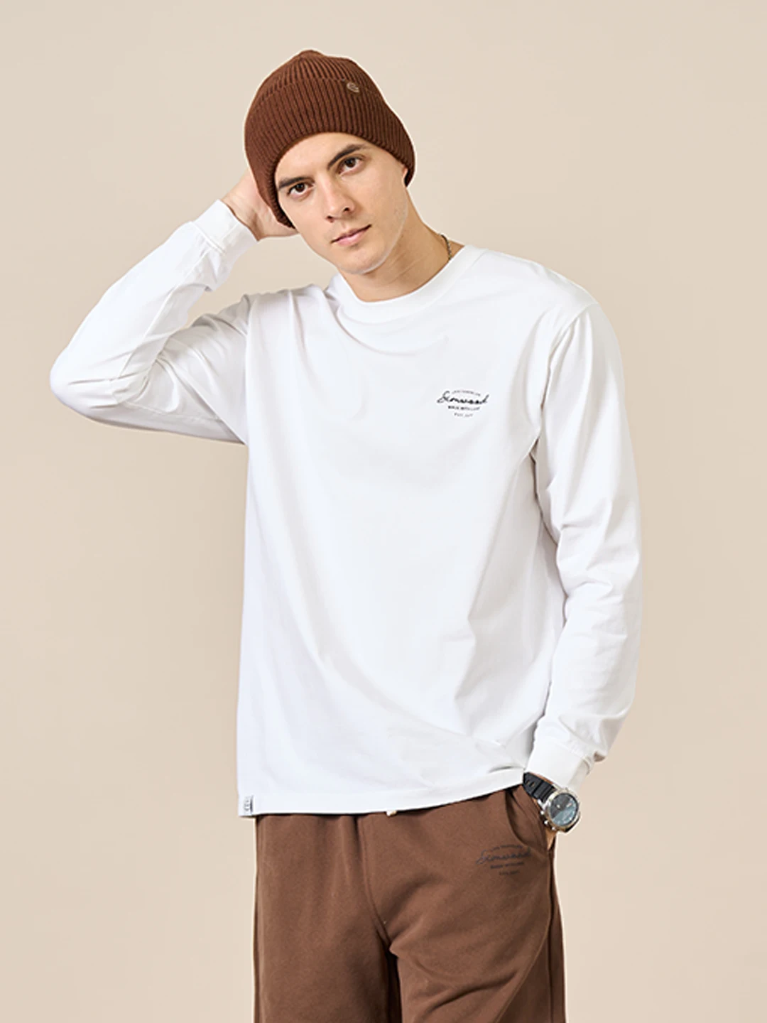 SIMWOOD 2024 Autumn New 240g Sorona Fabric Long Sleeve T-shirts Men Oversize Chest Logo Print  Tops High Quality Brand Clothing