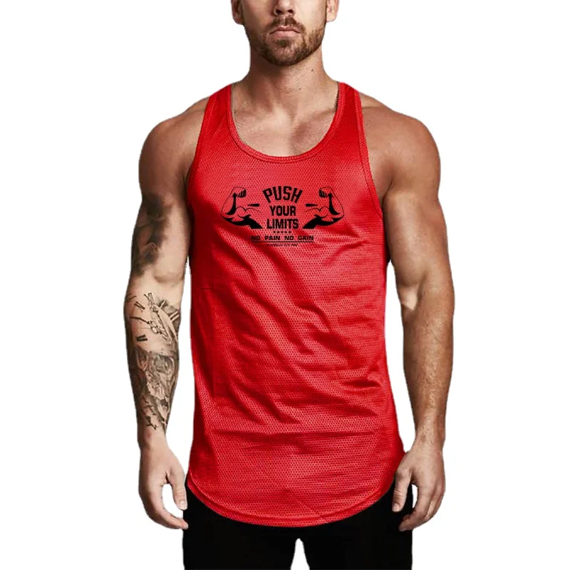 

New Arrival Gym Sports Mens Bodybuilding and Fitness Mesh O-neck Printed Breathable Quick-drying Summer Cool Vest