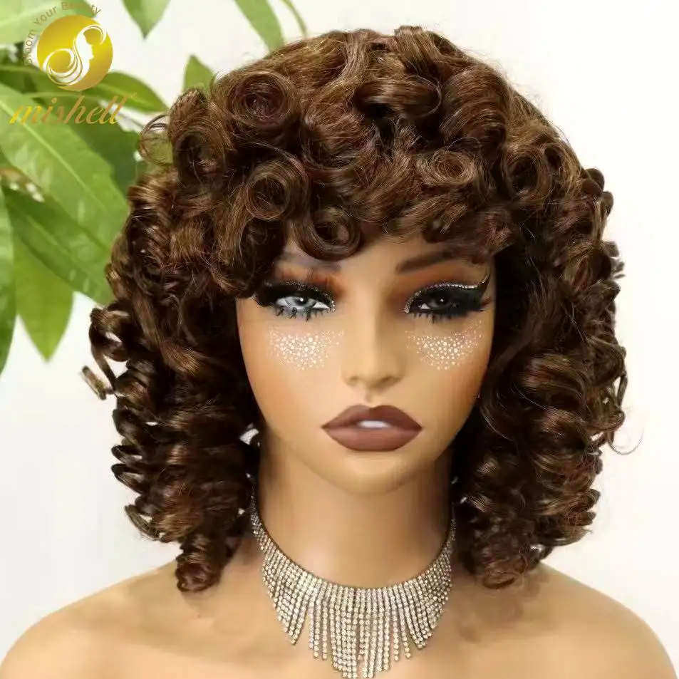

250% Density Chocolate Brown Bouncy Curly Human Hair Wigs with Bangs Full Machine Made Colored Loose Curly Bob Wigs for Women